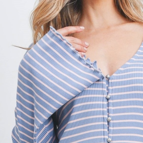 Ribbed Stripe Dress Front Button Bell Sleeve Dress - Picture 8 of 8